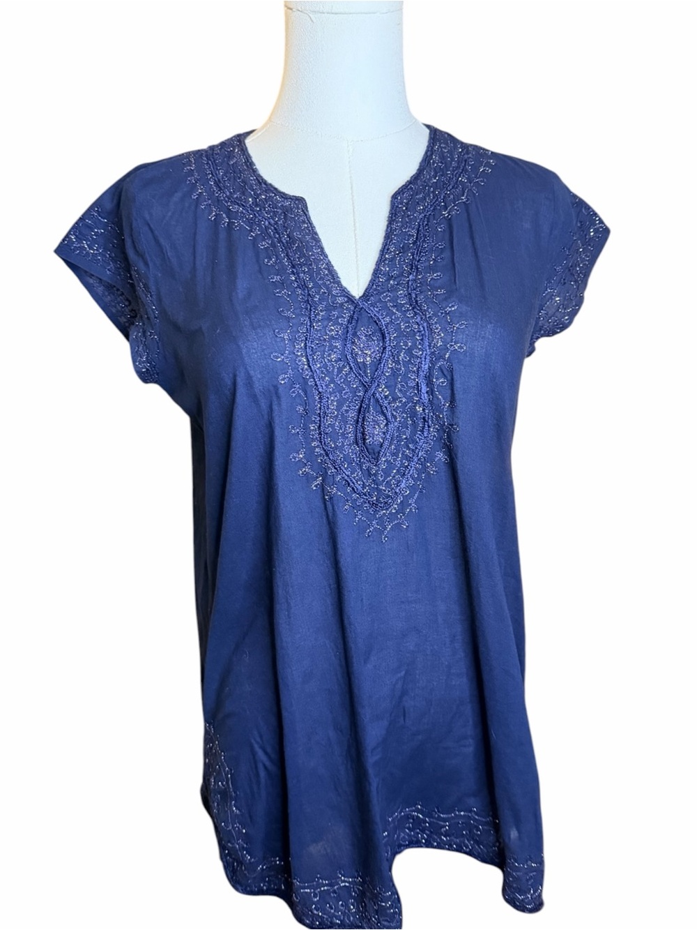Calypso St Barth Navy Cotton Embroidered Boho Tunic Top Coastal Resort S
